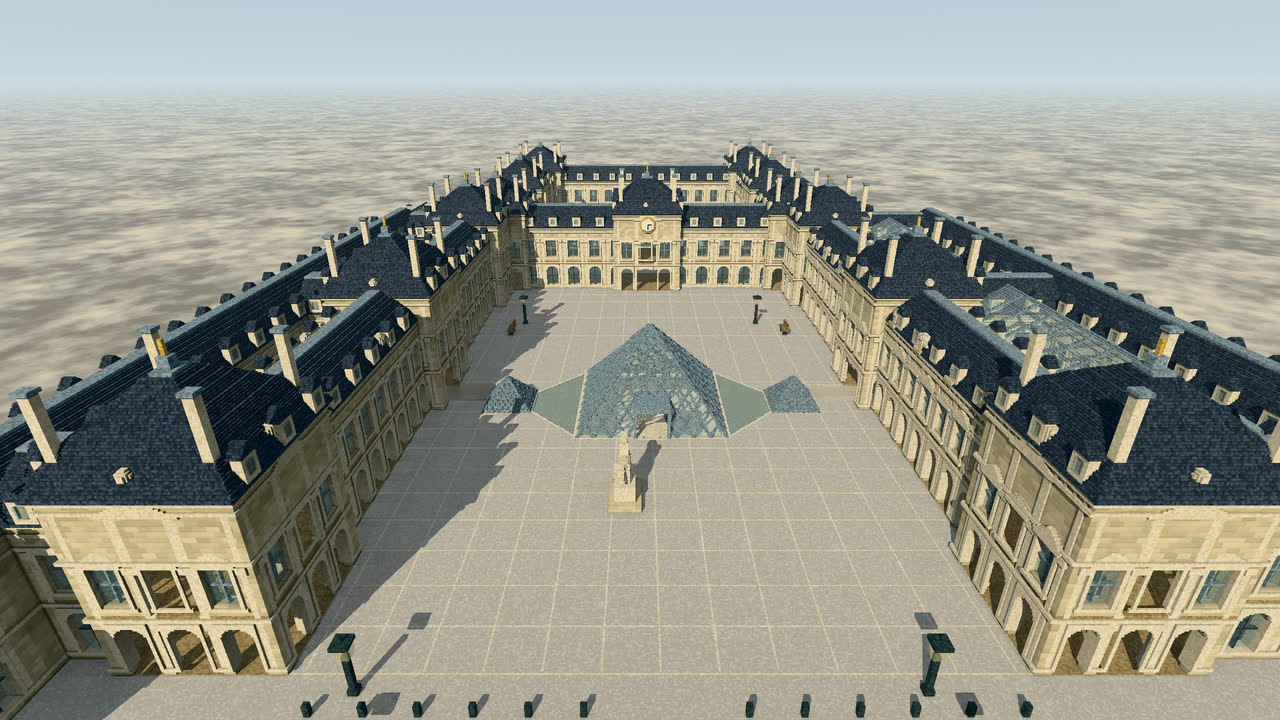 La cour Napoléon du Louvre et sa pyramide de verre, entre les ailes Richelieu et Denon.