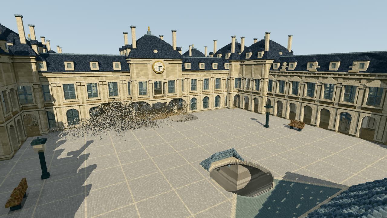Cour Napoléon du Louvre&nbsp;: trois trous noirs et un explosif à impulsion ouvrent la façade du pavillon de l'Horloge&nbsp;; une petite pyramide a disparu.