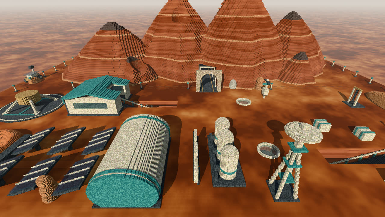La vallée martienne&nbsp;: la base Aurore, son hangar, ses panneaux solaires et ses réservoirs devant le massif stratifié.