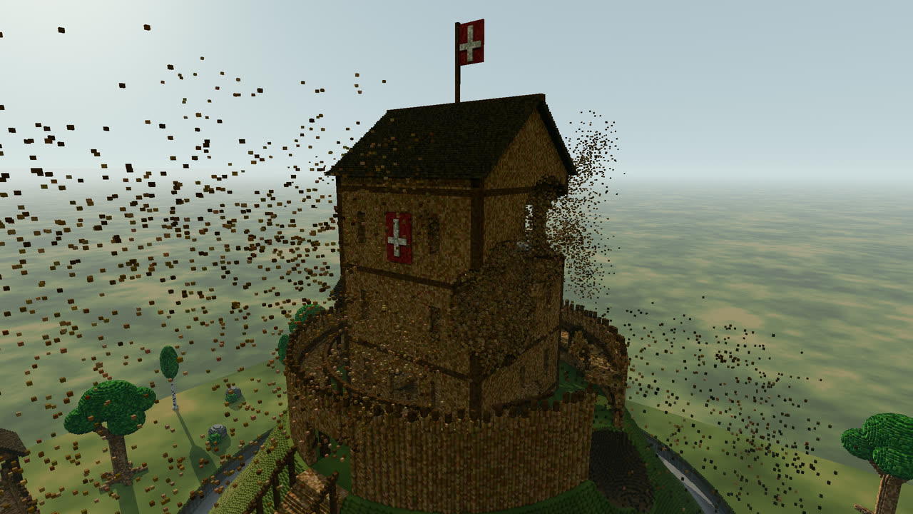 Le donjon de bois de Grenat éventré par un trou noir et deux explosifs à impulsion, ses planches projetées dans le ciel.