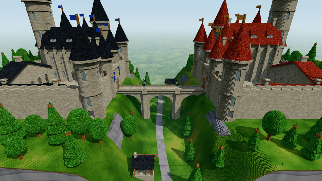 La vallée fortifiée&nbsp;: deux châteaux aux toits rouges et d'ardoise, reliés par un pont à trois arches, entourés de forêts.